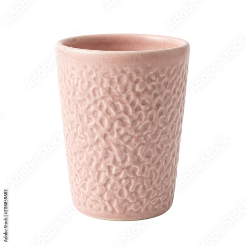 Pink textured ceramic tumbler on white background.