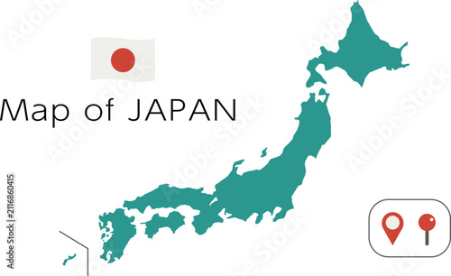 Obraz na płótnie シンプルな日本地図ベクターイラスト、日本国旗と標付き