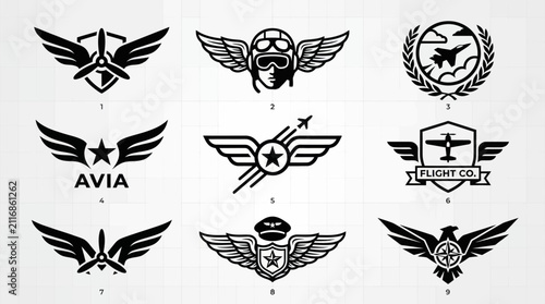 Pilot wings and aviation badge emblem vector set.