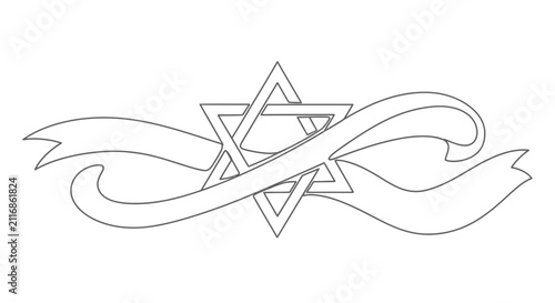 Obraz na płótnie Star of David with flowing ribbons, religious symbol, outline illustration