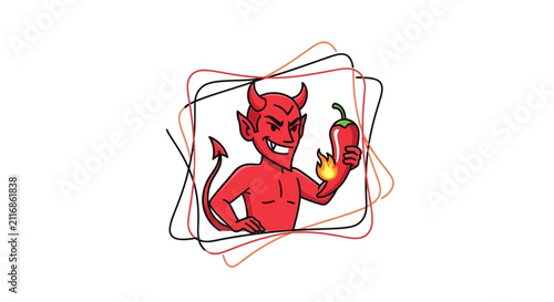 Devil with Red Hot Chili Pepper and Flame, Cartoon Character