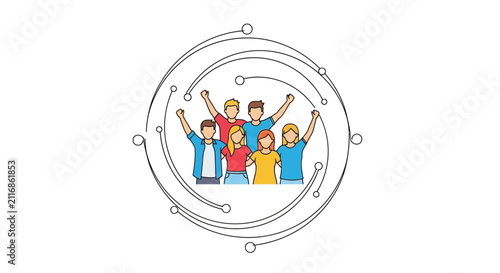 Diverse group of happy people celebrating success inside abstract circular network