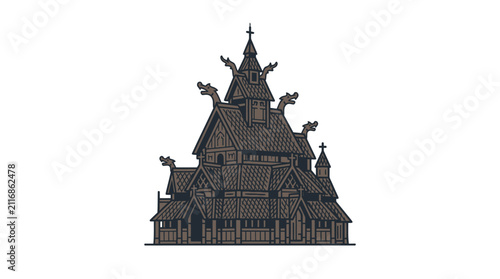 Norwegian stave church illustration with traditional wooden architecture.