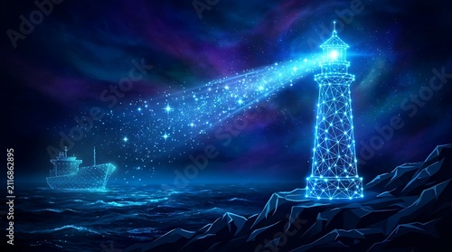 Glowing Lighthouse Illustration With Ship In Ocean Night Scene For Tech And Navigation Themes