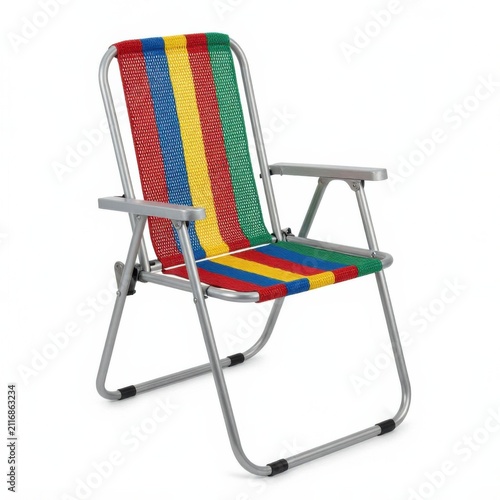 Colorful woven plastic lawn chair isolated on white background. Bright striped outdoor folding camping seat for garden patio beach or poolside use.