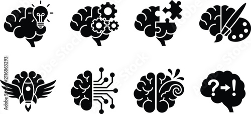 Human brain creativity icon set with eight black vector silhouettes showing innovation, problem solving, logic, art, and imagination