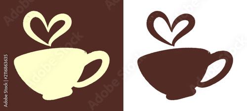 Coffee cup with heart steam doodle illustration features hand drawn mug with love steam element. Romantic graffiti spray paint icon graphic for cafe menu sticker layout clip art.