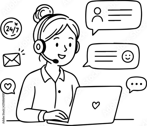 Female Customer Service Representative with Headset and Laptop Doodle Style Line Art Vector Illustration