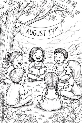 Children Gather Under Tree for Outdoor Story Time on August 17th.