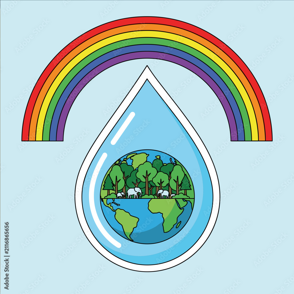Obraz premium Eco friendly Earth inside water drop with rainbow and forest landscape