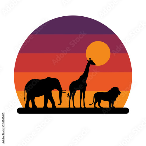 African safari animals silhouette with sunset background vector