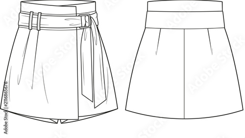 Womens belted wrap skort high waist asymmetrical pleated mini skirt shorts fashion flat sketch technical vector front back view