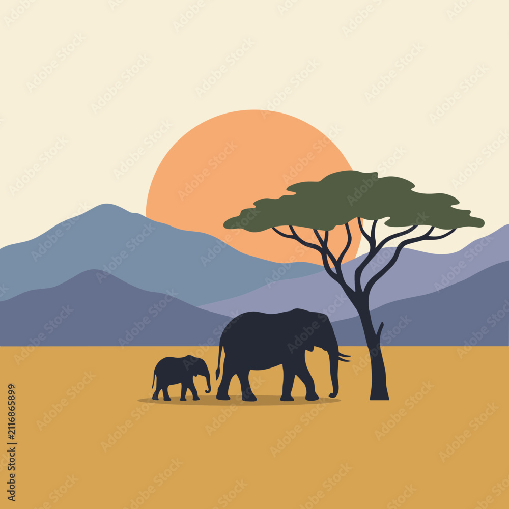 Fototapeta premium African Savanna Landscape with Elephant Family at Sunset