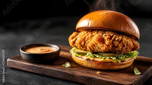 Crispy fried chicken sandwich with pickles and sauce on a wooden board