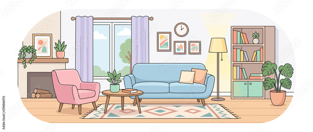 Obraz premium Cozy Living Room Interior with Furniture and Plants