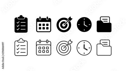 Business Productivity and Management Icon Set in Silhouette and Outline Style
