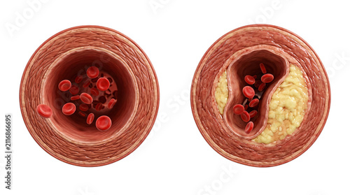 Atherosclerosis and Healthy Artery Cross-Section Comparison. 3D Medical Illustration of Blood Vessel, Plaque Buildup, Red Blood Cells, Circulatory System Disease, Blocked Artery