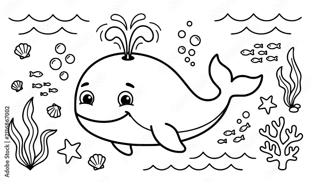 Obraz premium Cute Whale Coloring Page Vector Illustration for Kids Ocean and Marine Animal Coloring Book
