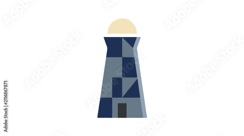 Stylish blue and beige lighthouse with geometric patterns standing on rocky coast at dawn