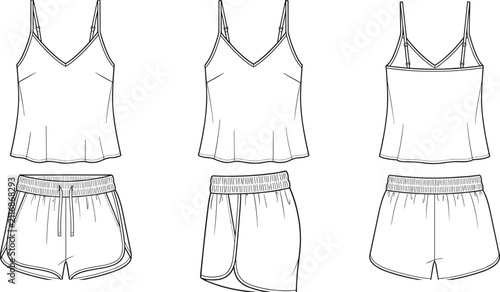 Womens satin camisole and shorts sleepwear set spaghetti strap tank top pajama fashion flat sketch vector technical drawing front side back view