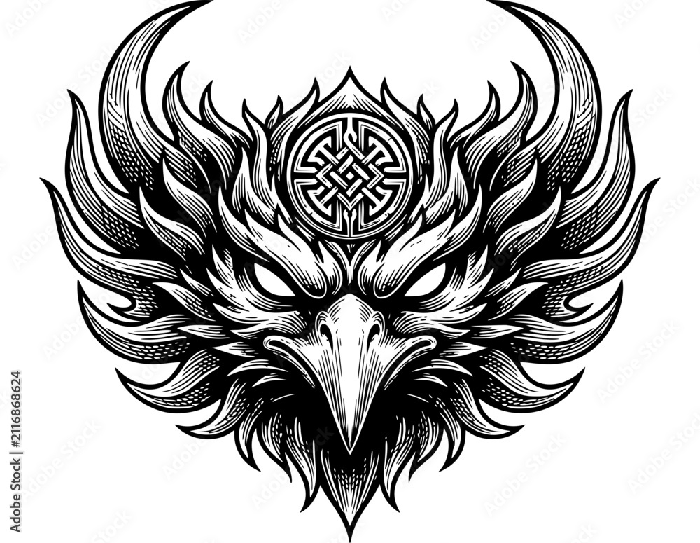 Fototapeta premium Fierce aggressive eagle head with Celtic knot symbol in vintage ink engraving style, perfect for tattoos or bold graphic design branding elements