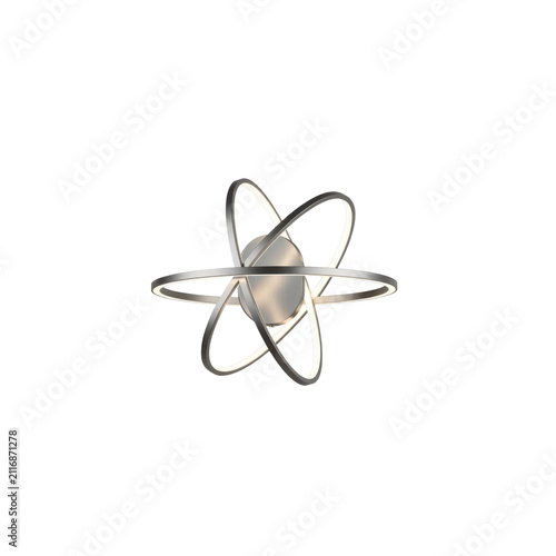 Modern orbital LED ceiling lamp. Minimalist metallic light fixture isolated on white.