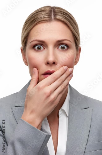 Cinematic high-resolution macro shot of a shocked businesswoman's face, isolated on a seamless pure white studio background. The camera focuses sharply on her wide, brown eyes and stunned expre
