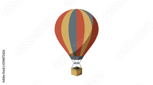 Colorful hot air balloon floating in clear blue sky with vibrant striped pattern ideal for travel adventure and leisure themes