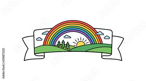 rainbow over green landscape with trees and sun