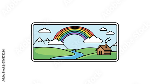 rainbow over house and mountain landscape
