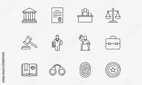 Law and Legal line editable icons set. Containing law firm, legal document, courtroom