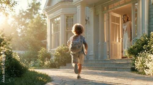 Home child running mother porch backpack family summer