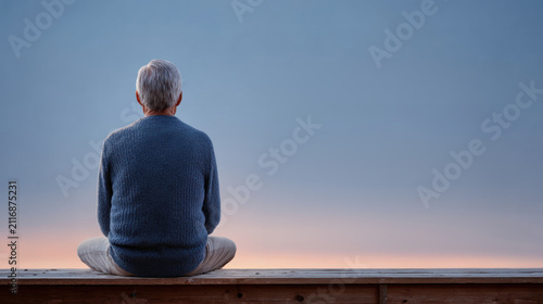 Senior man meditation back view sitting calm solitude wooden deck sky peaceful mood, gray hair man sitting cross legged wooden deck facing blue