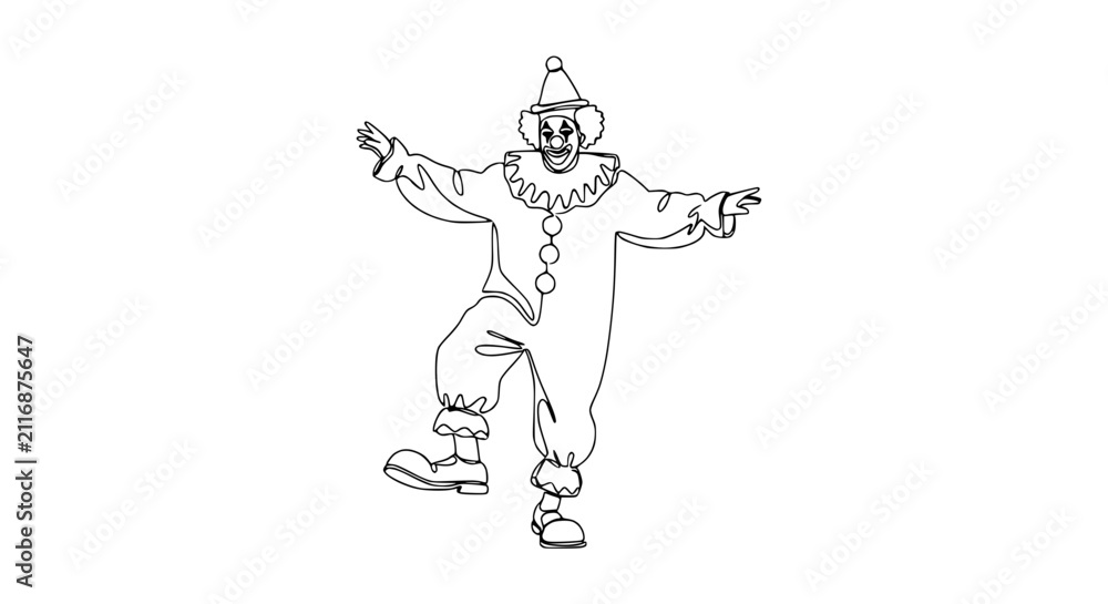 Fototapeta premium Whimsical Clown Drawing, Single Line Art, Joyful Performance