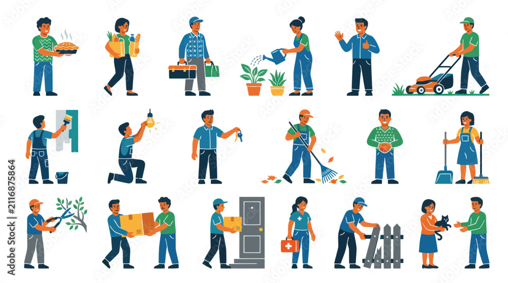 Fototapeta premium Flat Design Vector Icons of People Performing Various Household and Maintenance Services