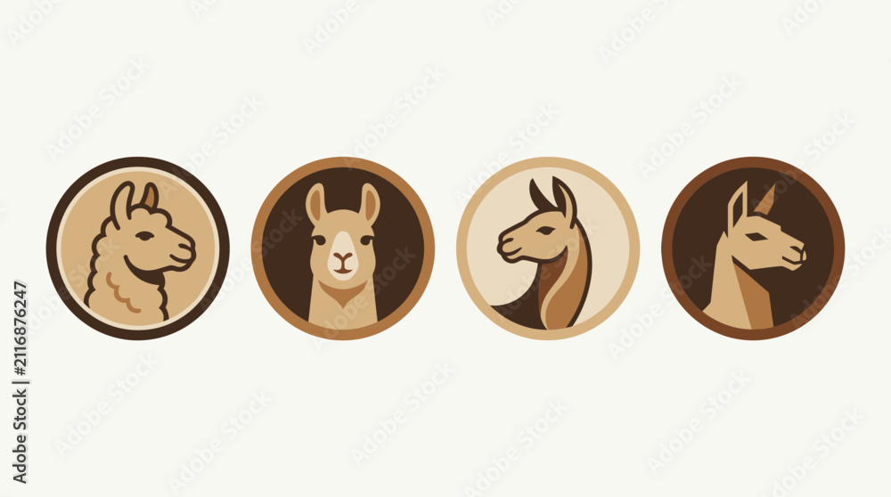 Fototapeta premium Set of Four Llama Head Icons in Circular Frames, Flat Design, Isolated on White Background, Vector Art