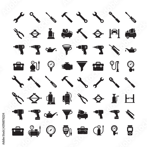 Tools and Garage Equipment Silhouette Vector Icon Bundles – 640 Editable Automotive Workshop Icons in 10 Premium 8x8 Grid Sets