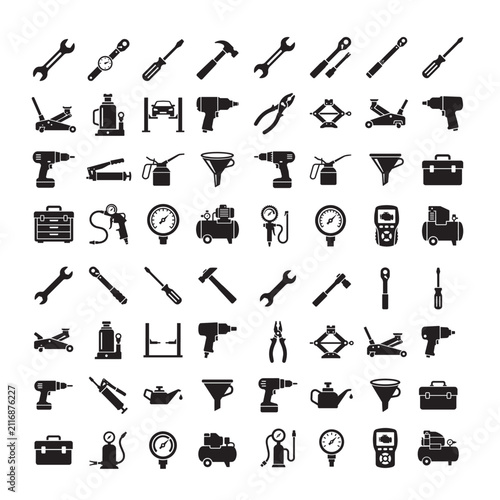 Tools and Garage Equipment Silhouette Vector Icon Bundles – 640 Editable Automotive Workshop Icons in 10 Premium 8x8 Grid Sets
