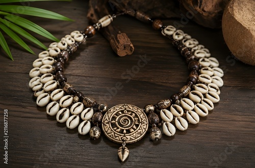 Traditional Tribal Cowrie Shell Necklace with Carved Wooden Pendant on Rustic Surface