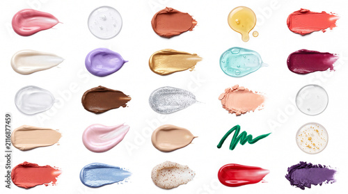 Canvastavla Cosmetic texture set with lipstick smears cream lotion swatches foundation stroke makeup gel drops on white background