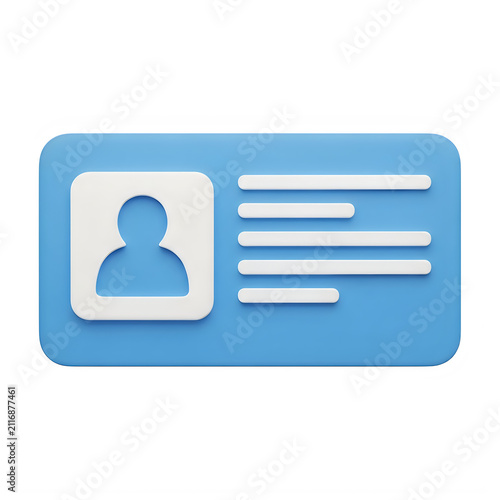 3d rendered blue identification card icon with a white user profile silhouette and text lines isolated on black