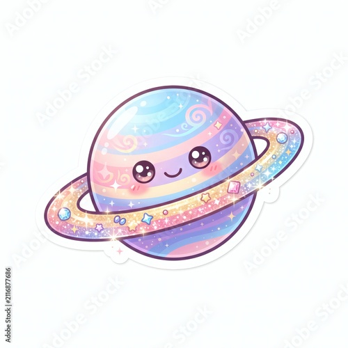Cute Pastel Saturn Planet with Sparkling Glitter Rings Sticker