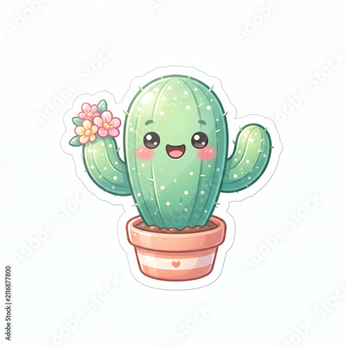 Cute Happy Cactus with Pink Flowers in Pot Sticker