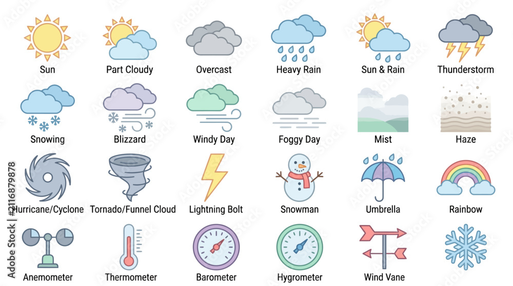 Obraz premium Set Of Colorful Weather Icons On A White Background