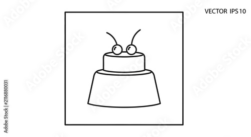Simple Cake Line Icon with Cherries - Vector Outline Art