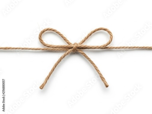 Simple rustic jute twine bow tie on string isolated on white background