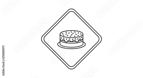 Simple Cake Icon, Diamond Shape, Outline Drawing, Celebration Food Symbol