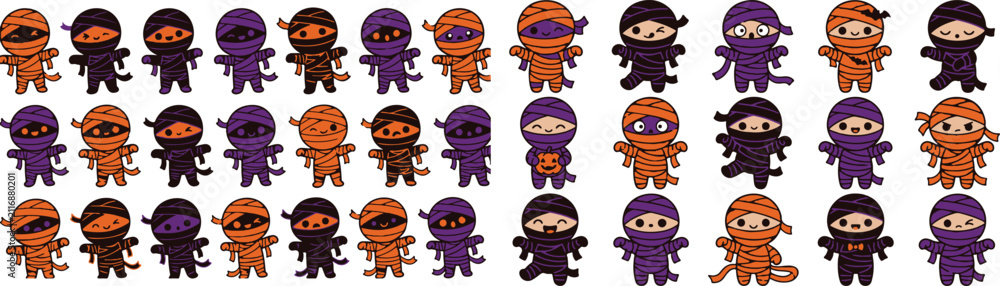 Fototapeta premium Collection of cute cartoon characters in various costumes for a fun halloween celebration and festive holiday party design elements