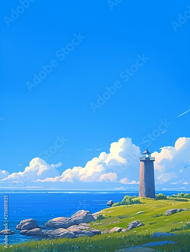 Old lighthouse on a green coast under blue sky and white clouds