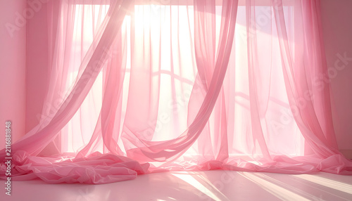 A soft, airy, and inviting space bathed in the gentle glow of sunlight streaming through sheer, pink curtains. The curtains cascade onto the floor
